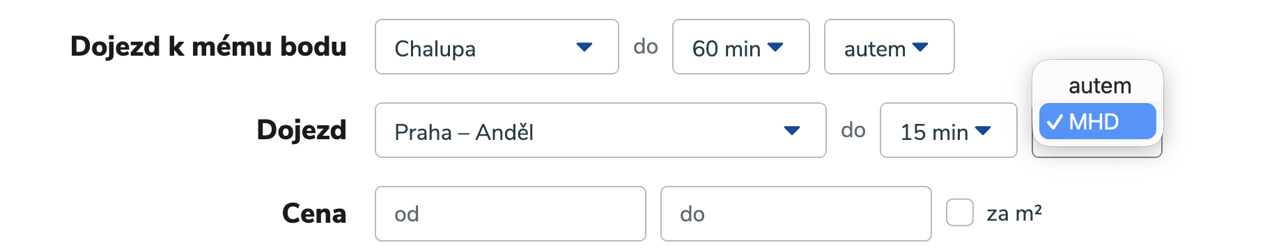 Filtr výpisu — dojezd k mému bodu (Chalupa do 60 min autem) a dojezd na Prahu – Anděl do 15 min MHD